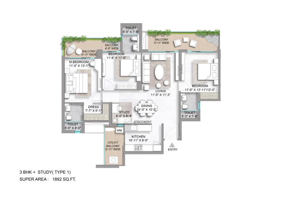3 Bhk + Study Type 1 (1892)